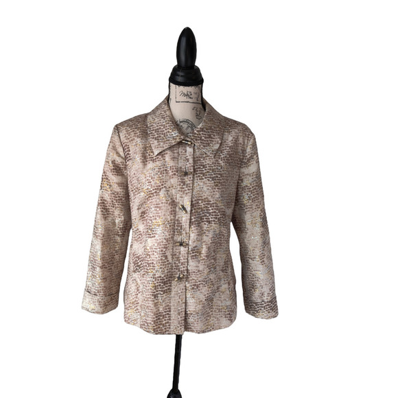 Chico's Blazer Jacket Metallic Gold Silk Blend Long Sleeve Collared Size L - Picture 1 of 11